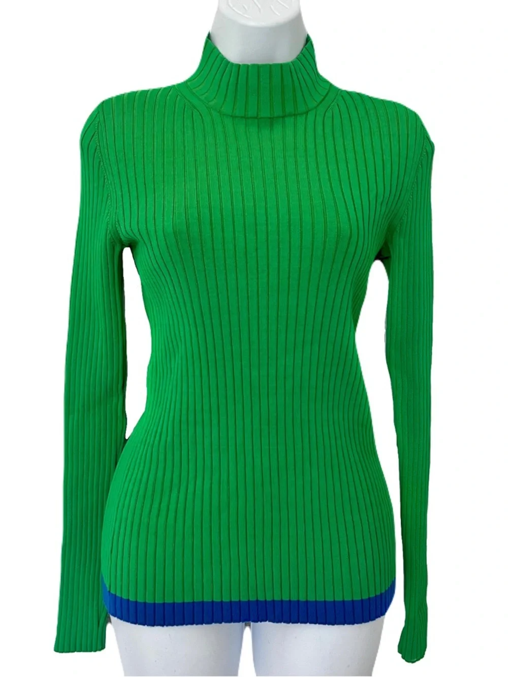 Tory Burch Green Ribbed Mock Turtleneck with Blue Trim, Size S